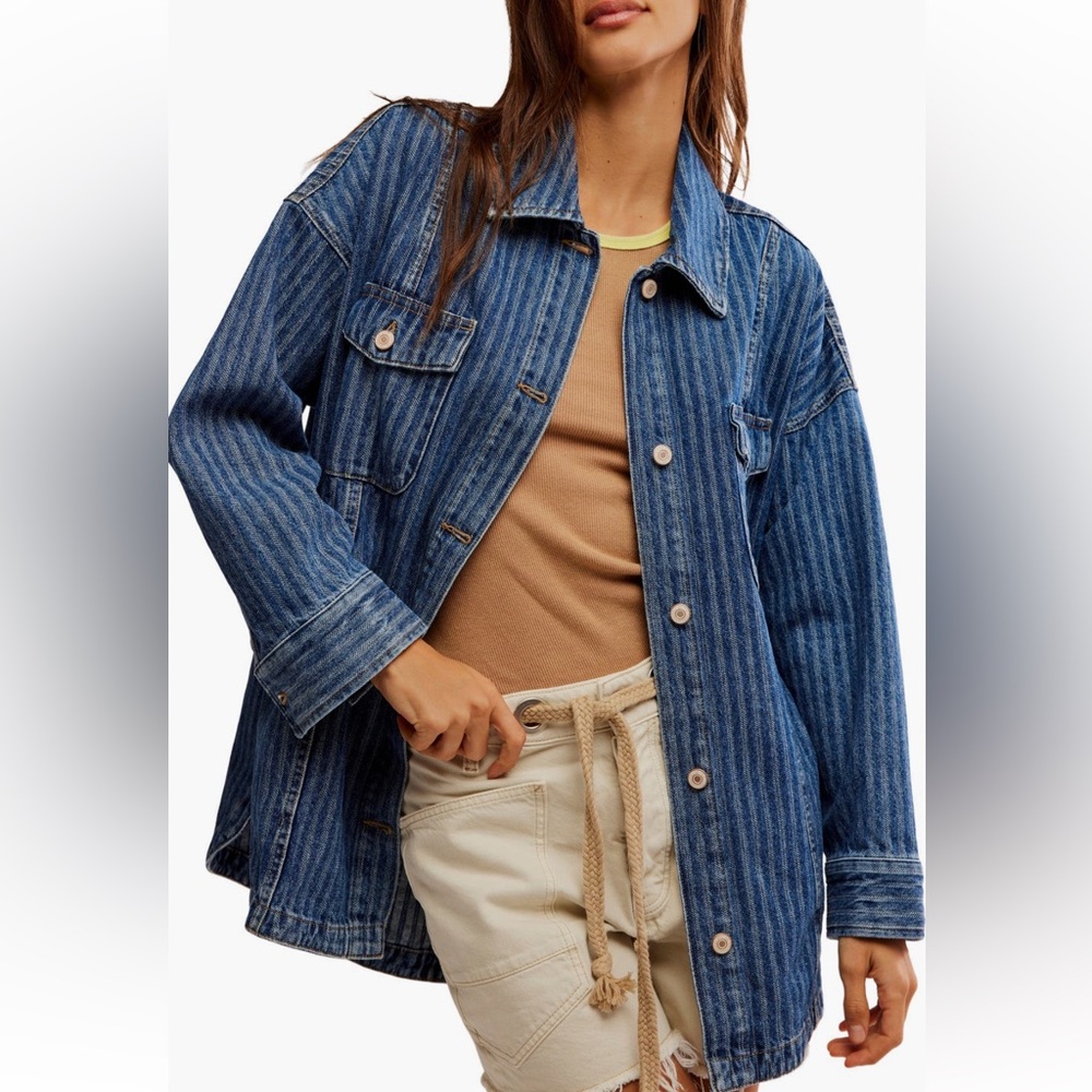 NWT FREE PEOPLE We The Free Dunes Blue Abyss Denim Shirt Jacket SZ: L